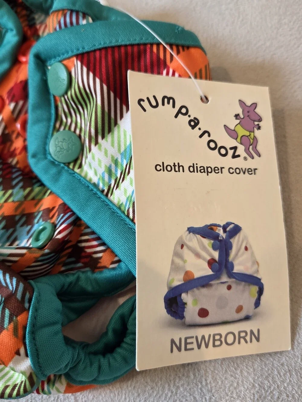 NWT Rumparooz Teal Trim Multicolor Plaid Cloth Diaper Cover - Newborn